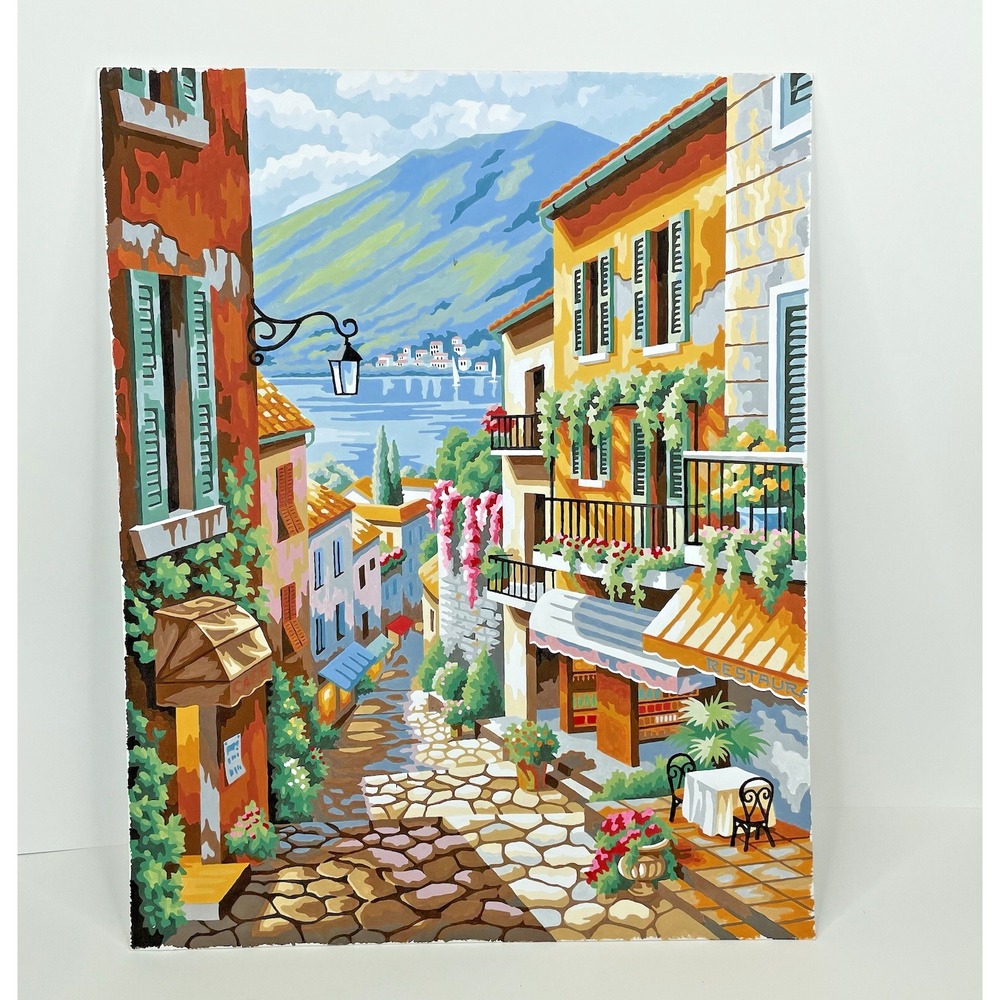 Completed Paint by Number Painting Restaurant Cafe Stone Street Sea Summer Homes